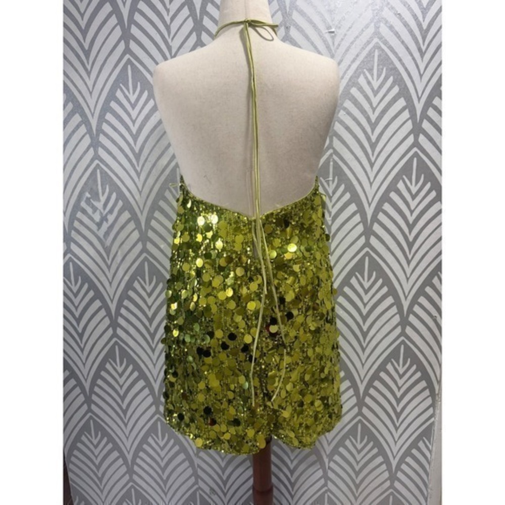 SOLD Princess Polly Fluorescent Green Sequin Halter Mini Dress Open Back Party 6 - Picture 5 of 8